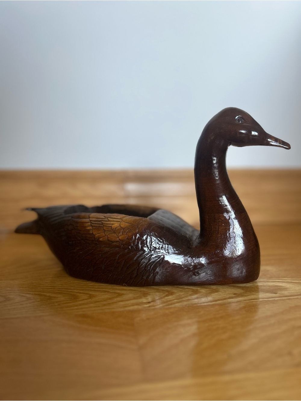 Hand-Carved Dark Brown Wooden Goose or Duck Accent Sculpture Playing Card Holder